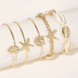 5 Pieces Starfish and Sea Shell Fashion Bracelet set Gold-tone metal